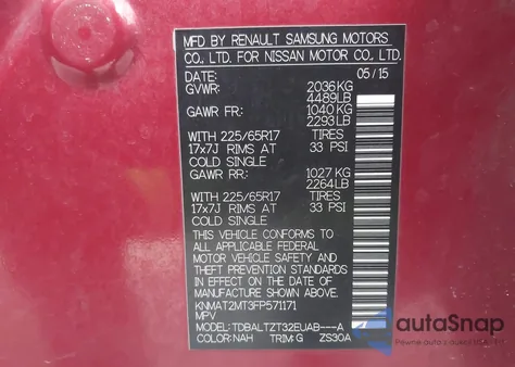 2015 Nissan Rogue Sv z USA, uszkodzony, nr VIN KNMAT2MT3FP571171